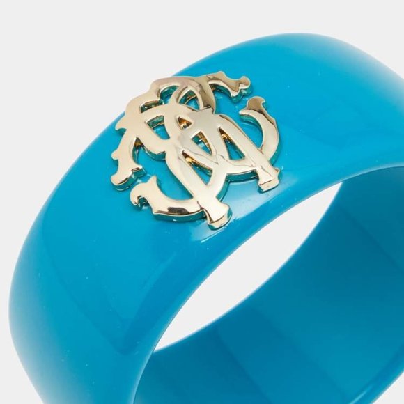 NEW Rare Luxe Authentic ROBERTO CAVALLI Teal Blue Gold Logo Wide Bangle Bracelet - Picture 6 of 6